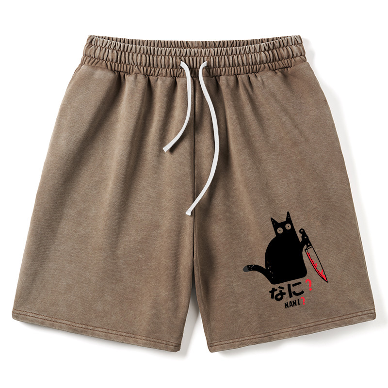 Modecanvas A Puzzled Cat Holding A Knife Washed Shorts