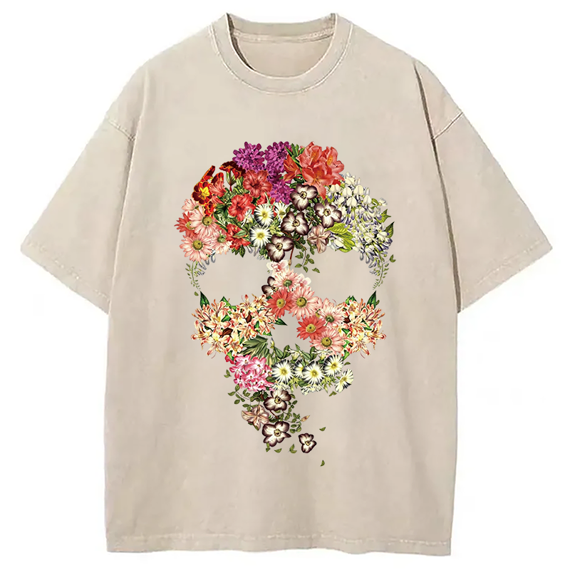 Modecanvas Skull Floral DTG Printing Washed T-Shirt
