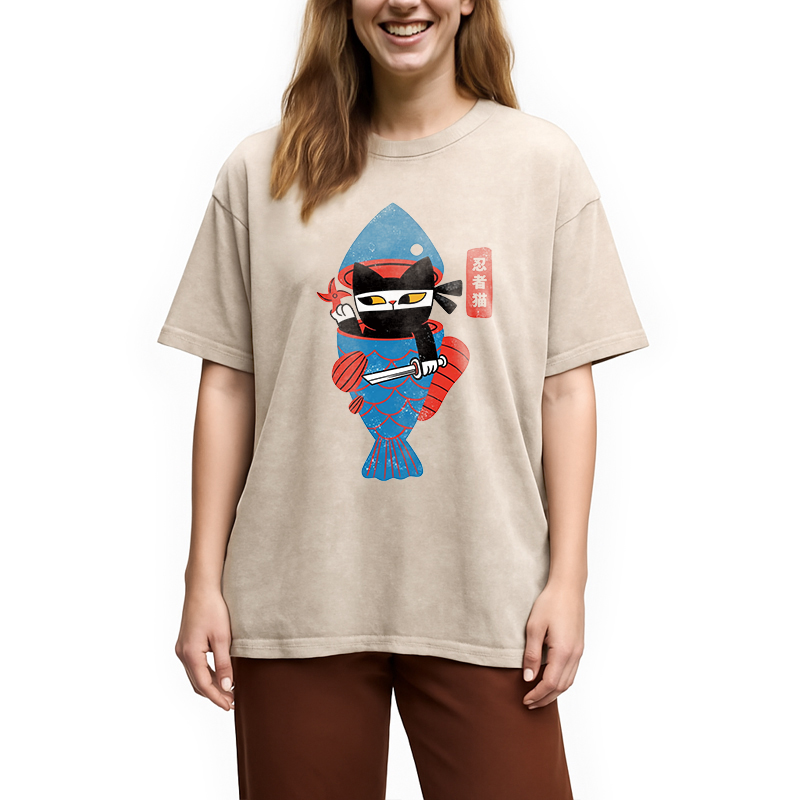 Modecanvas Neko Ninja DTG Printing Washed T-Shirt