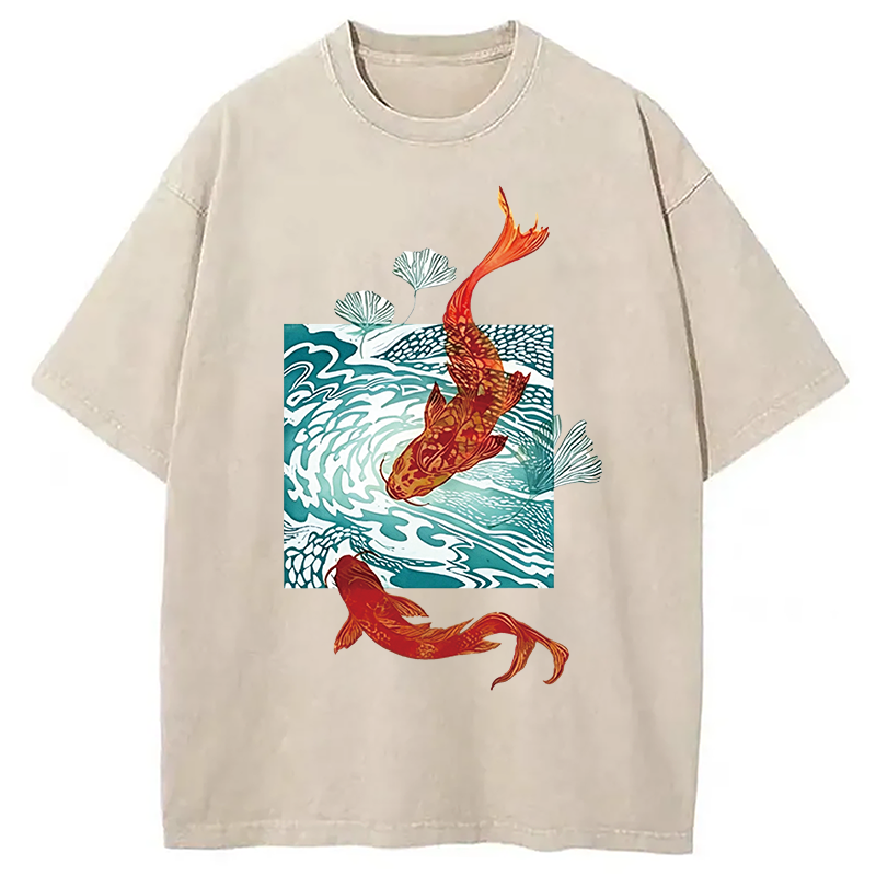 Modecanvas Koi In Wave Patterns DTG Printing Washed T-Shirt