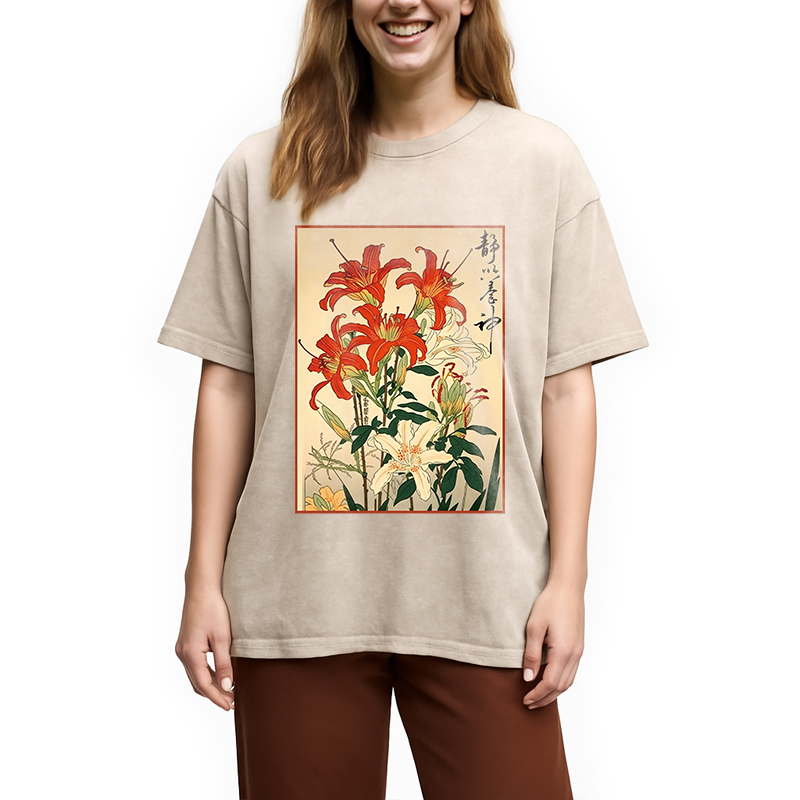 Modecanvas Red And White Lilies DTG Printing Washed T-Shirt