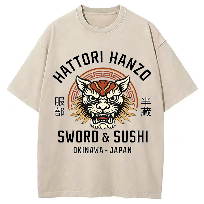 Modecanvas Hattori Lion Japanese Samurai DTG Printing Washed T-Shirt