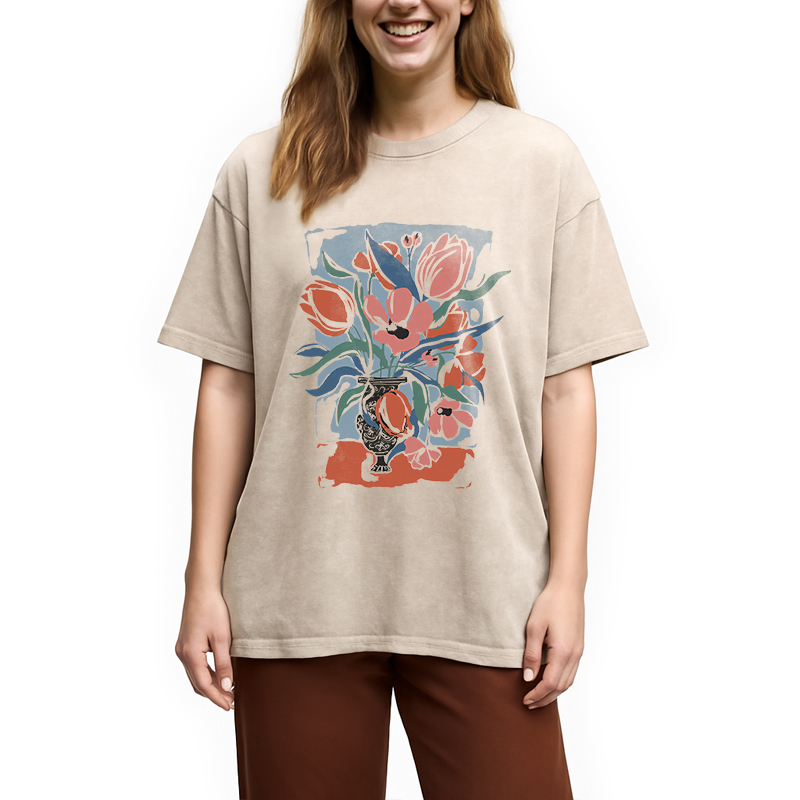 Modecanvas Spring Flower DTG Printing Washed T-Shirt