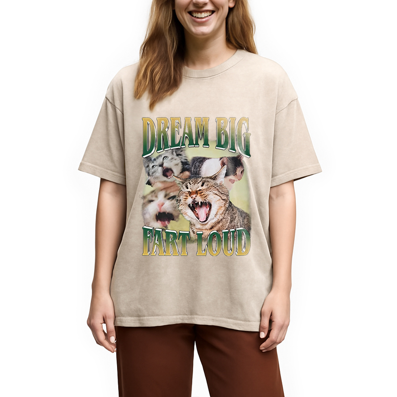 Modecanvas Dream Big Fart Loud Funny Cat Meme DTG Printing Washed T-Shirt