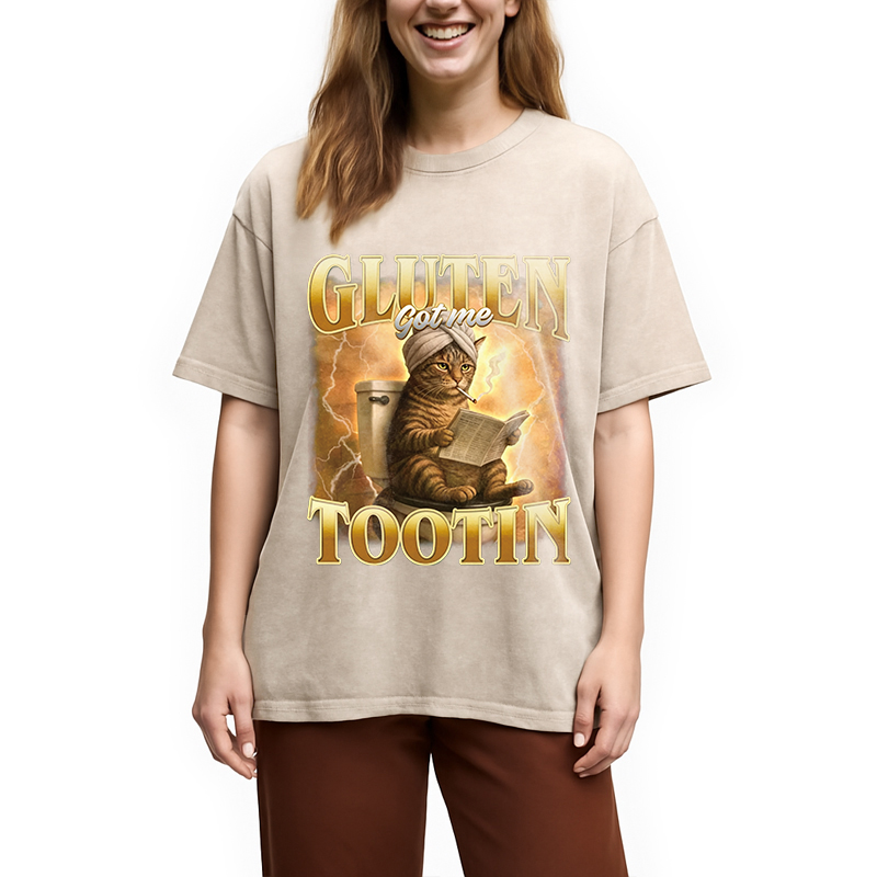 Modecanvas Gluten Got Me Tootin Funny Cat Meme DTG Printing Washed T-Shirt