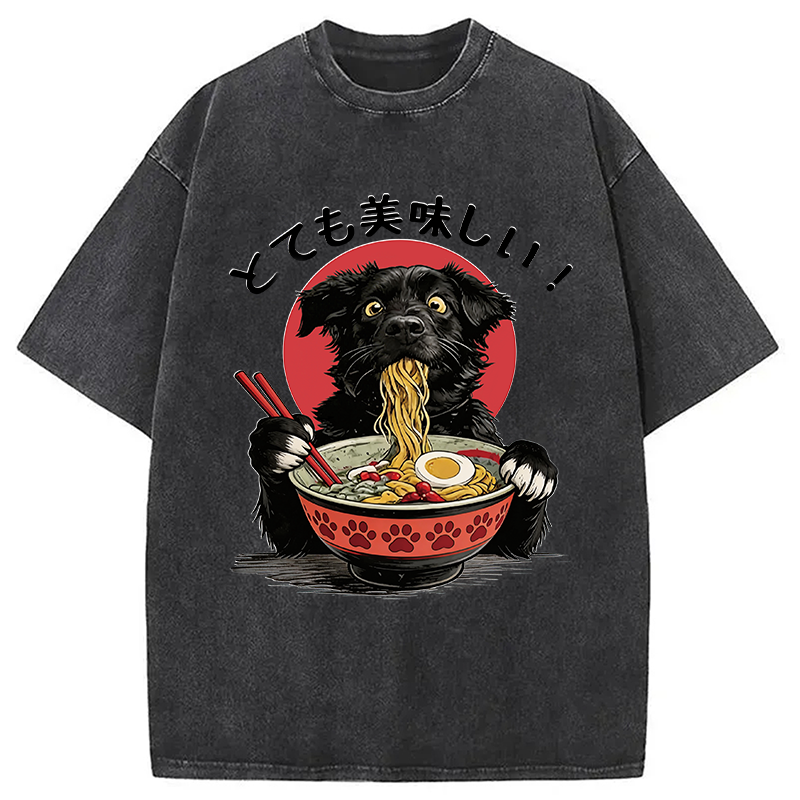 Modecanvas Dog Eating Ramen Joyfully DTG Printing Washed T-Shirt