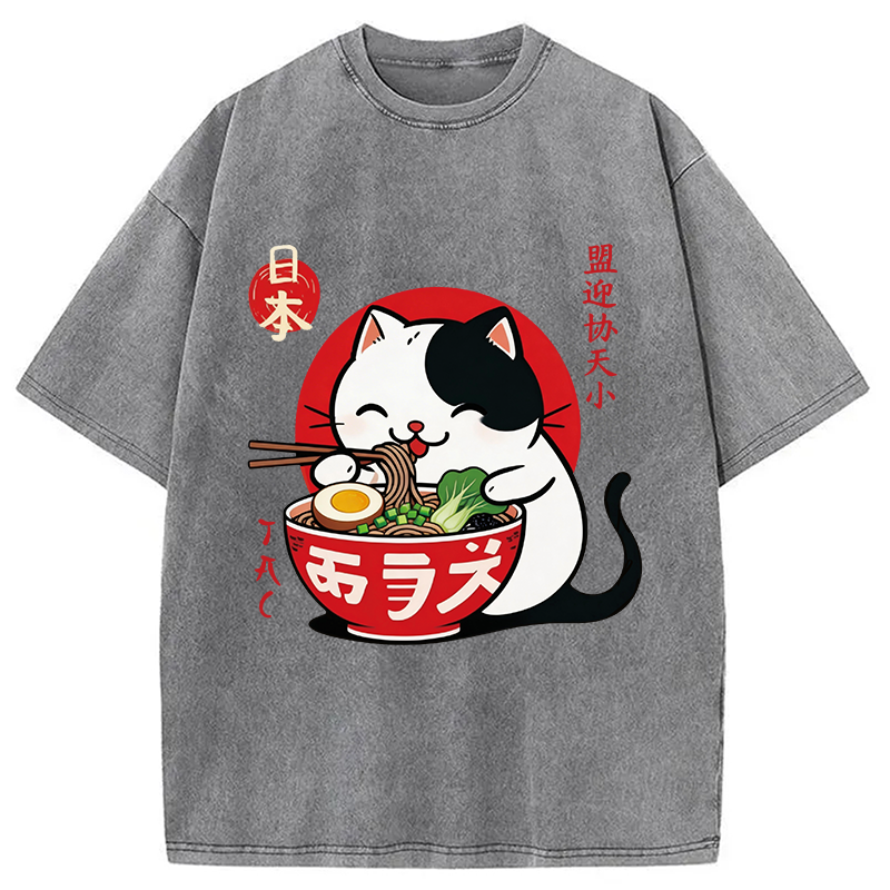 Modecanvas Japanese Ramen Cat DTG Printing Washed T-Shirt