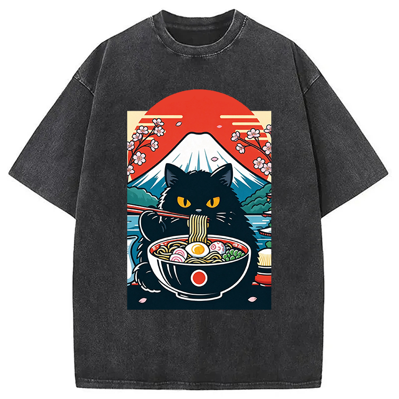 Modecanvas Black Cat Having Ramen Mount Fuji DTG Printing Washed T-Shirt
