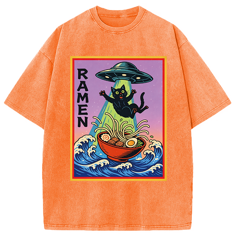 Modecanvas UFO Catching the Ramen Black Cat DTG Printing Washed T-Shirt