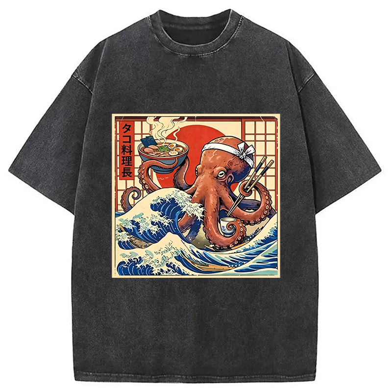 Modecanvas Ukiyo-E Octopus Ramen DTG Printing Washed T-Shirt