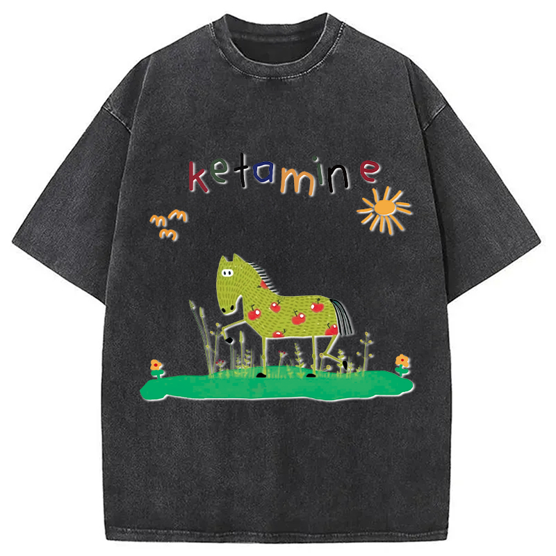Modecanvas Funny Ketamine Horse DTG Printing Washed T-Shirt
