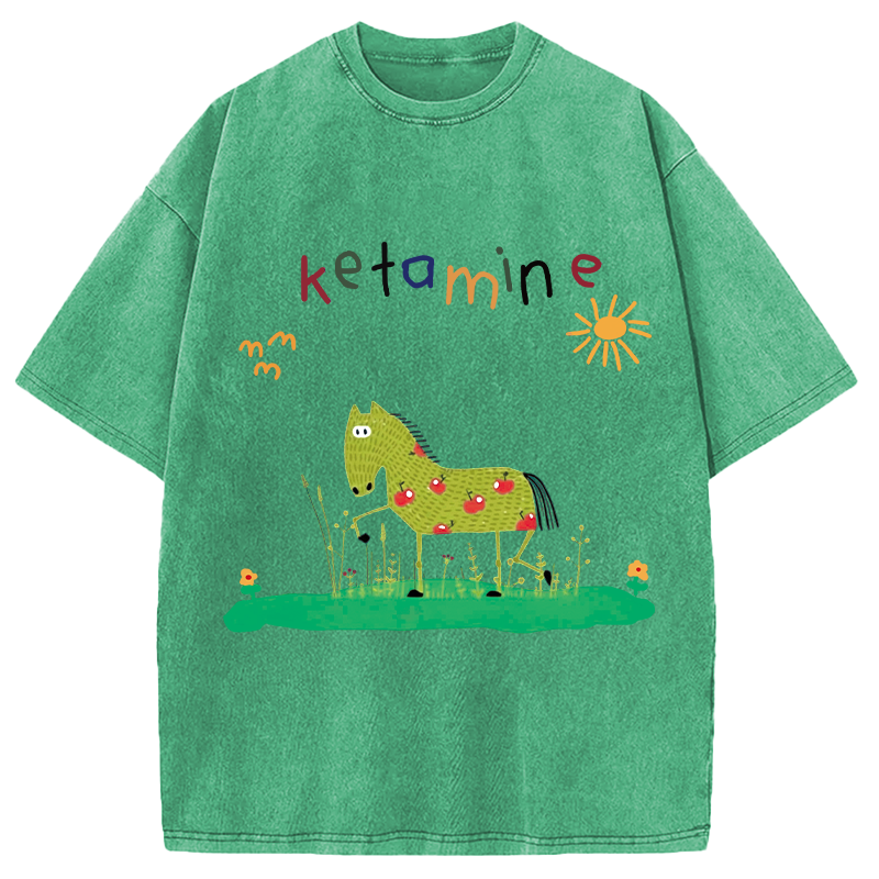Modecanvas Funny Ketamine Horse DTG Printing Washed T-Shirt