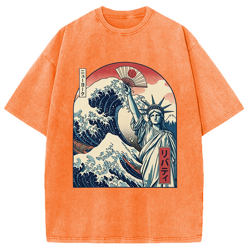 Modecanvas Ukiyo-e Statue Of Liberty DTG Printing Washed T-Shirt