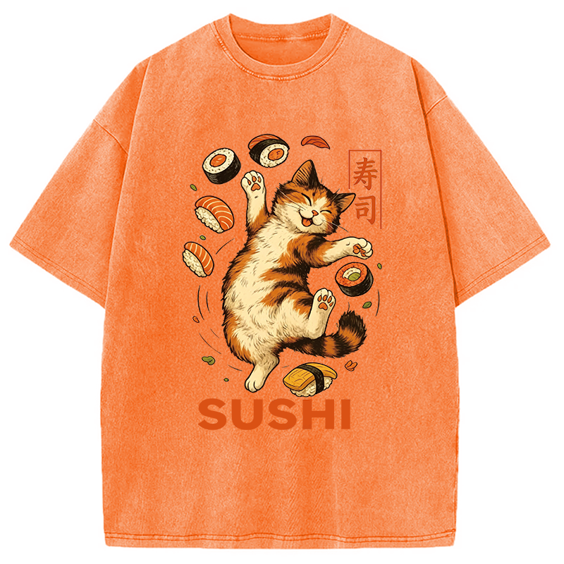Modecanvas Funny Sushi Cat DTG Printing Washed T-Shirt