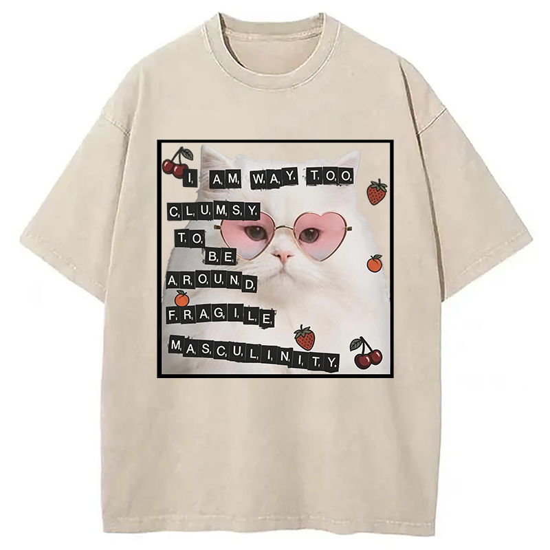 Modecanvas Funny Cat Fragile Masculinity DTG Printing Washed T-Shirt
