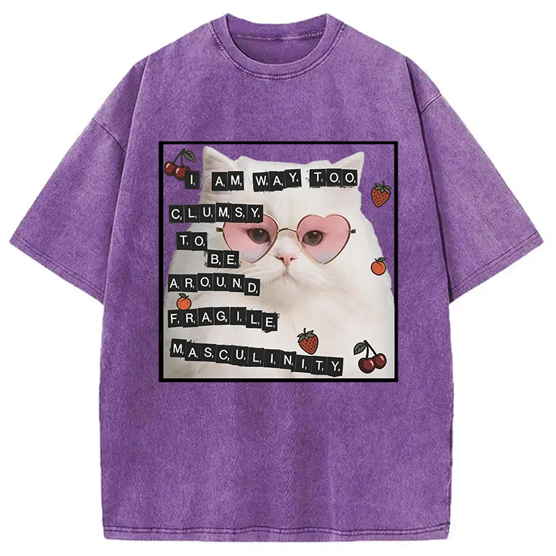 Modecanvas Funny Cat Fragile Masculinity DTG Printing Washed T-Shirt