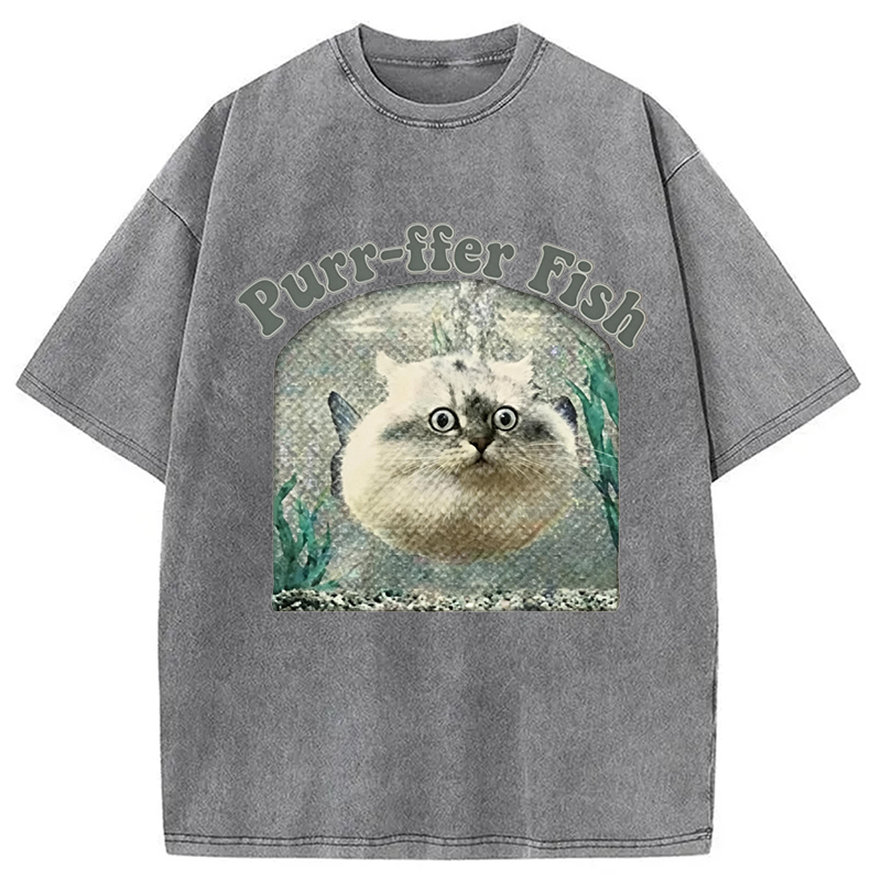 Modecanvas Purr-ffer Fish Cat DTG Printing Washed T-Shirt