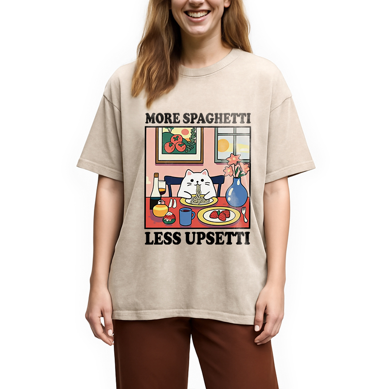 Modecanvas More Spaghetti Less Upsetti Cute Cat DTG Printing Washed T-Shirt