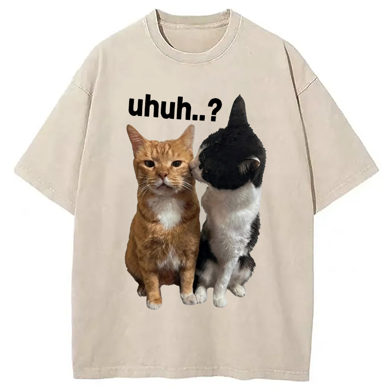 Modecanvas Uhuh..? Cat Meme DTG Printing Washed T-Shirt