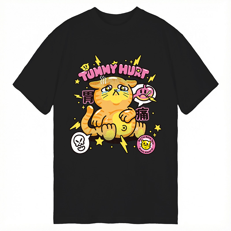 Modecanvas Tummy Hurt Cute Cat DTG Printing Classic T-Shirt-modecanvas