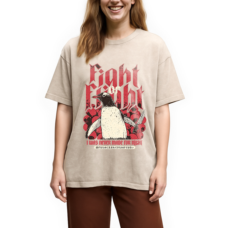 Modecanvas Fight Or Flight Penguin DTG Printing Washed T-Shirt