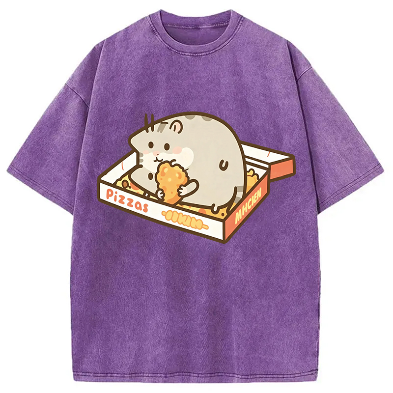 Modecanvas Cute Hamster Pizza DTG Printing Washed T-Shirt