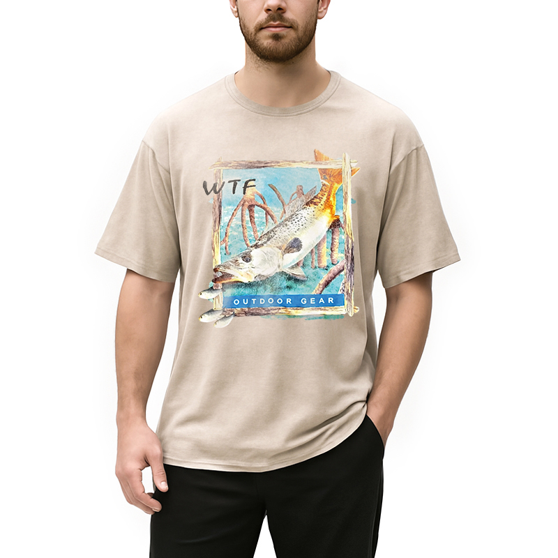 Modecanvas Funny WTF Fishing Fish DTG Printing Washed T-Shirt