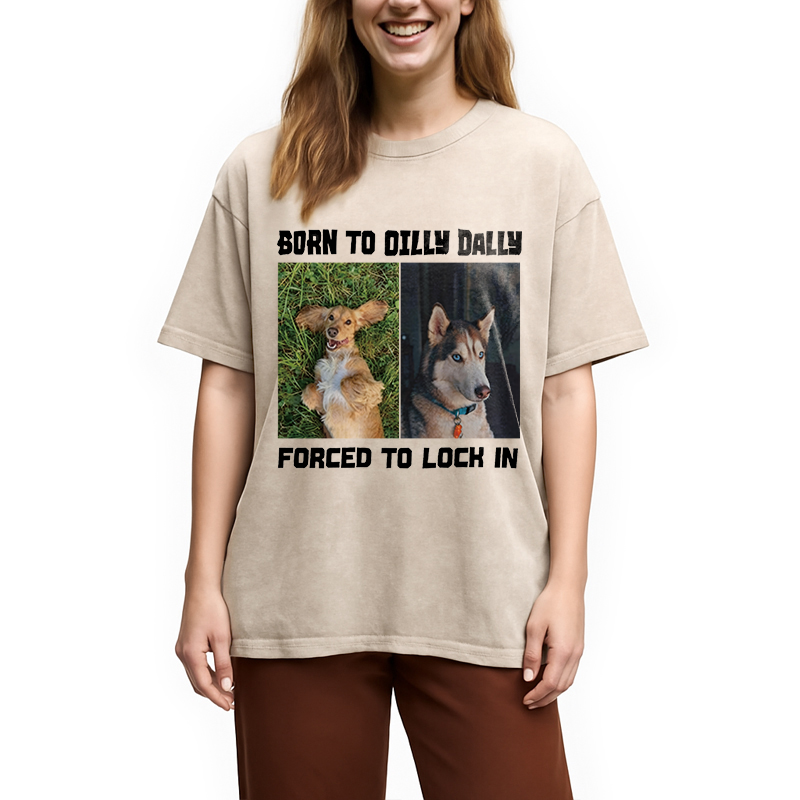 Modecanvas Born to Dilly Dally Forced to Lock In Funny Dog Meme DTG Printing Washed T-Shirt