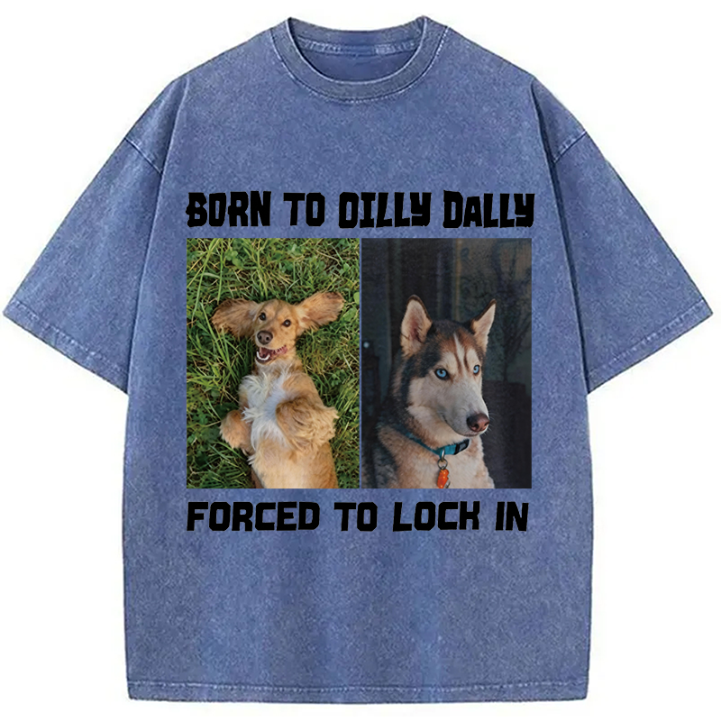 Modecanvas Born to Dilly Dally Forced to Lock In Funny Dog Meme DTG Printing Washed T-Shirt