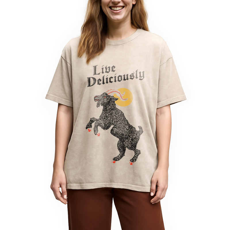 Modecanvas Black Philip Live Deliciously DTG Printing Washed T-Shirt