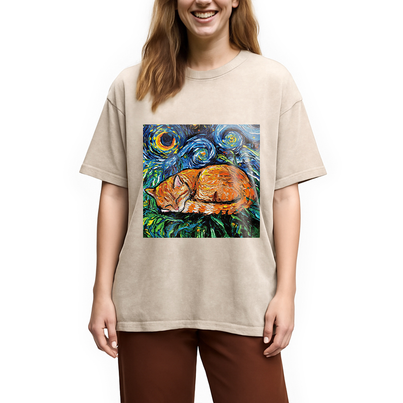 Modecanvas Orange Tabby Night full DTG Printing Washed T-Shirt