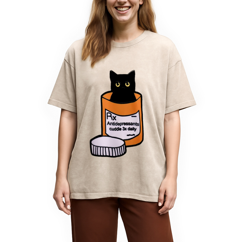 Modecanvas Black Cat Medicine Bottle Washed T-Shirt