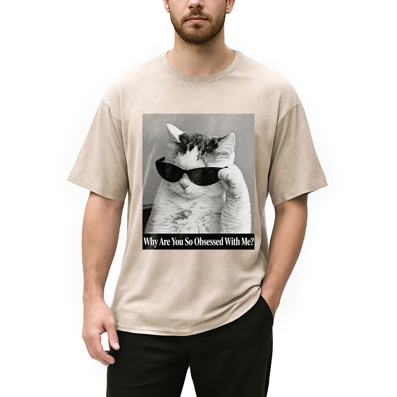 Modecanvas Why Are You So Obsessed WIth Me? Cat Meme DTG Printing Washed T-Shirt