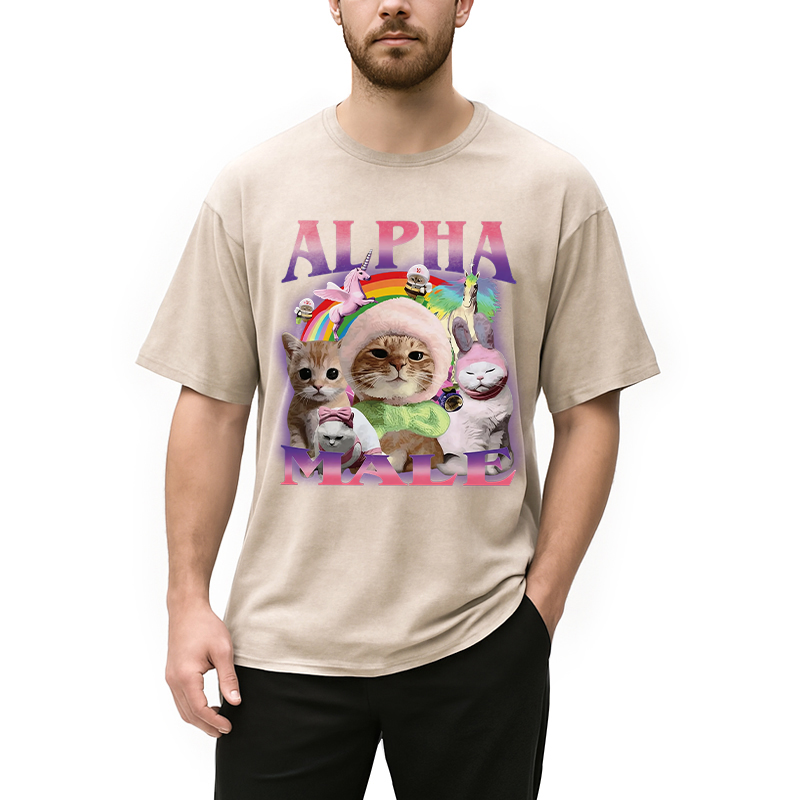 Modecanvas Alpha Male Funny Cat Meme DTG Printing Washed T-Shirt