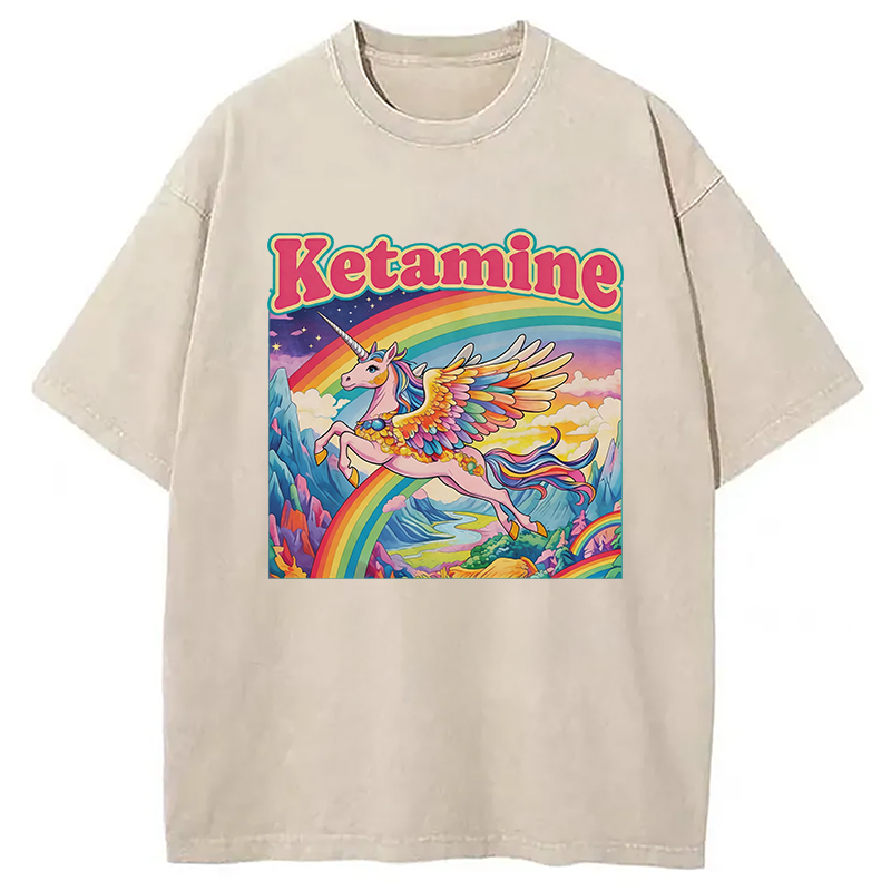 Modecanvas Ketamine Rainbow Unicorn Funny Meme DTG Printing Washed T-Shirt