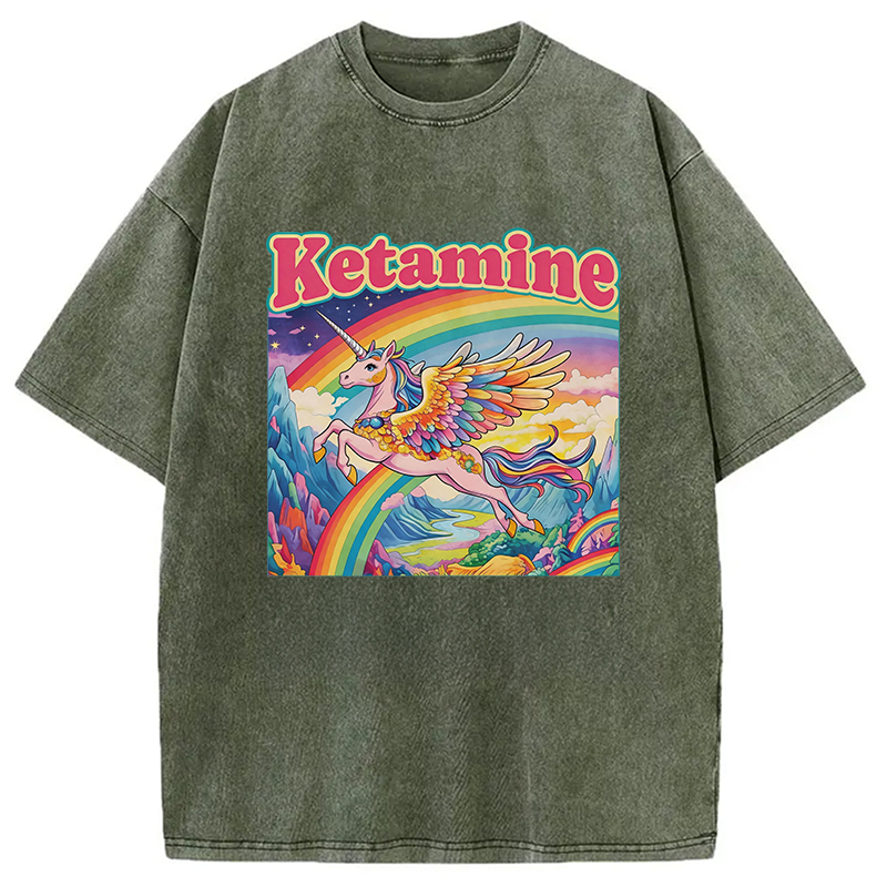 Modecanvas Ketamine Rainbow Unicorn Funny Meme DTG Printing Washed T-Shirt