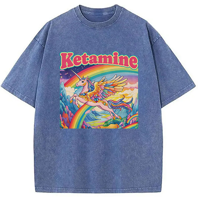 Modecanvas Ketamine Rainbow Unicorn Funny Meme DTG Printing Washed T-Shirt