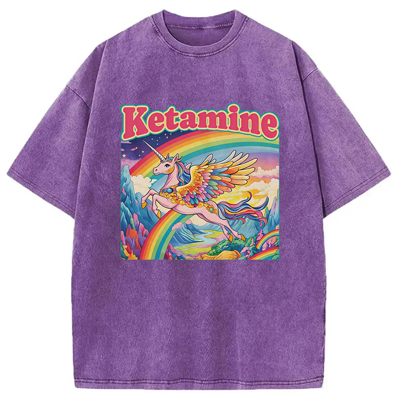 Modecanvas Ketamine Rainbow Unicorn Funny Meme DTG Printing Washed T-Shirt
