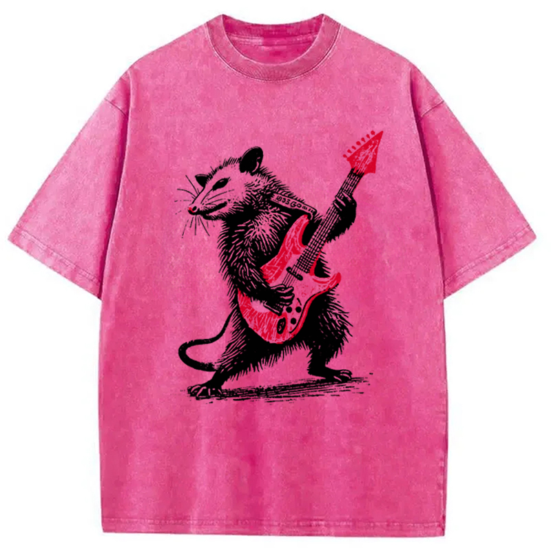 Modecanvas Funny Rocker Possum Guitar Vintage Washed T-Shirt
