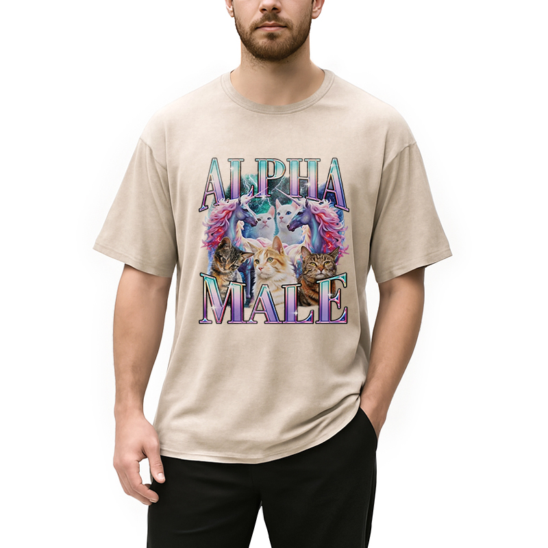 Modecanvas Alpha Male Unicorn Cat DTG Printing Washed T-Shirt