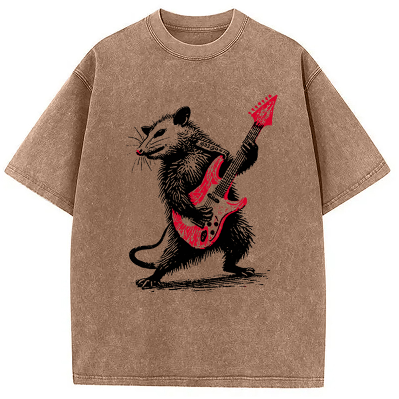 Modecanvas Funny Rocker Possum Guitar Vintage Washed T-Shirt