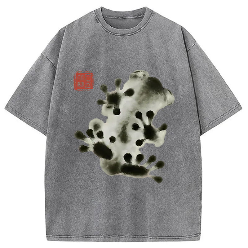 Modecanvas Ink Painting Frog Washed T-Shirt-modecanvas