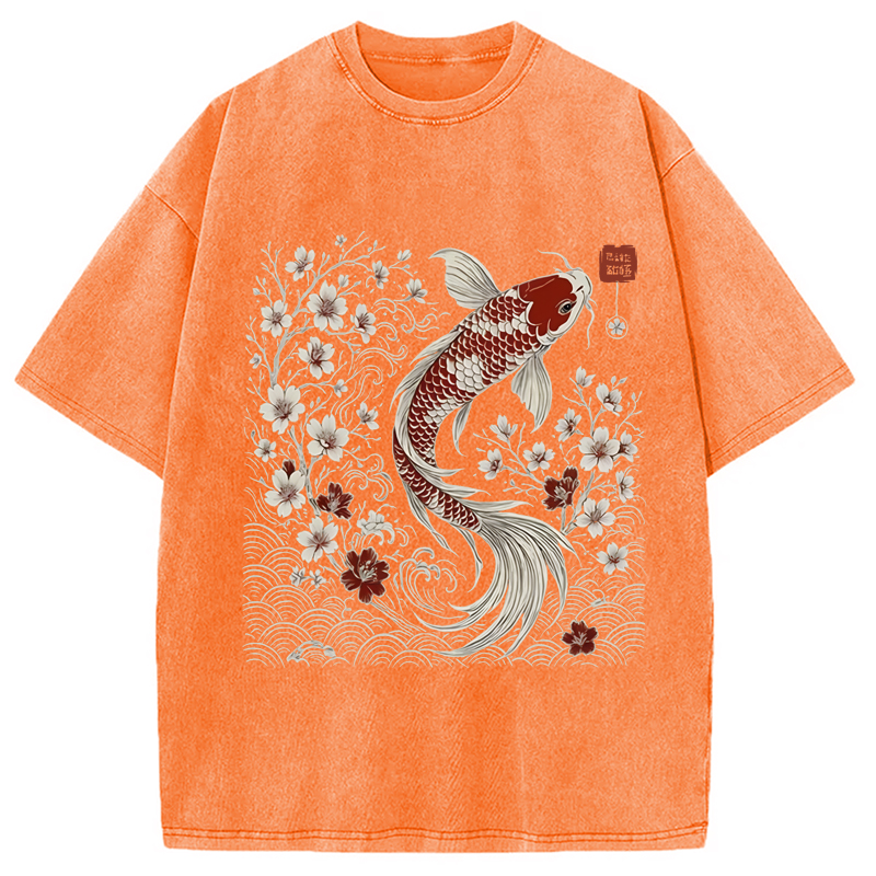 Modecanvas Vintage Sakura And Koi Washed T-Shirt-modecanvas