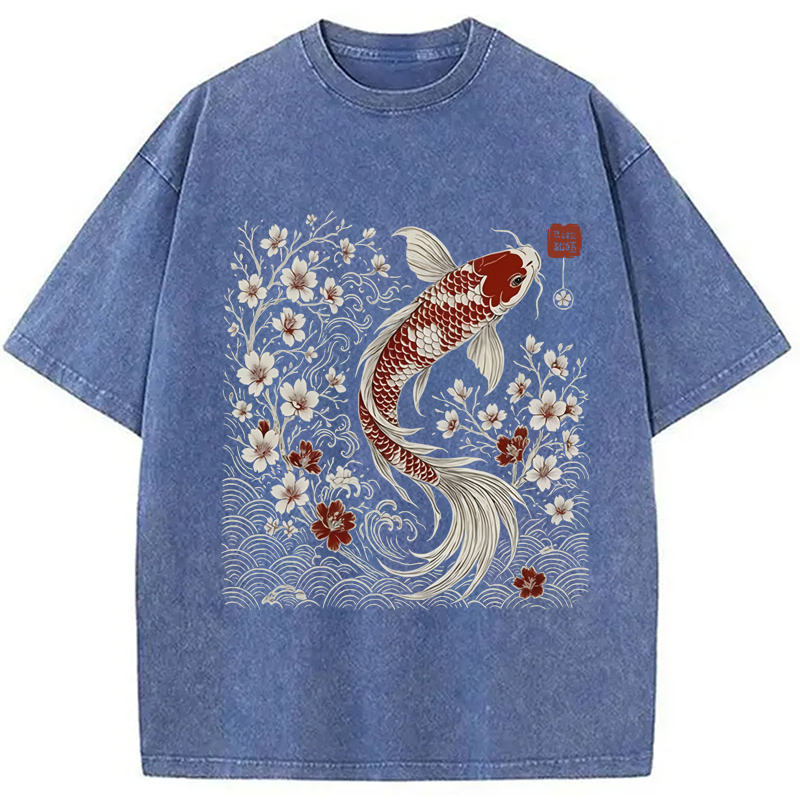 Modecanvas Vintage Sakura And Koi Washed T-Shirt-modecanvas