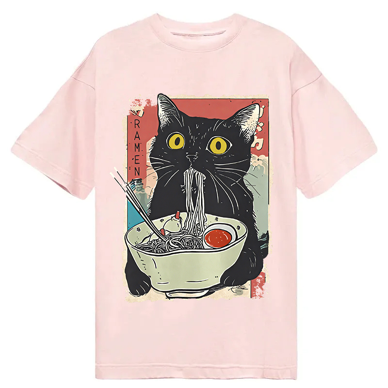 Modecanvas Cute Cat Eating Ramen DTG Printing Classic T-Shirt-modecanvas
