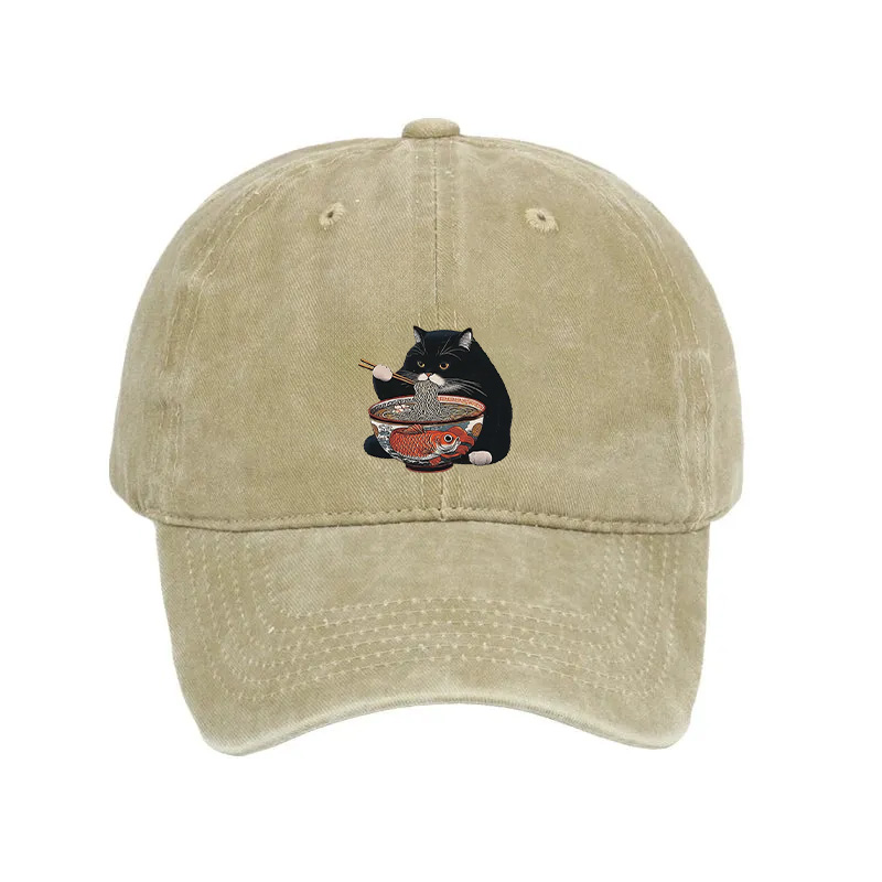 Modecanvas Fat Cat Eating Ramen Washed Cap-modecanvas