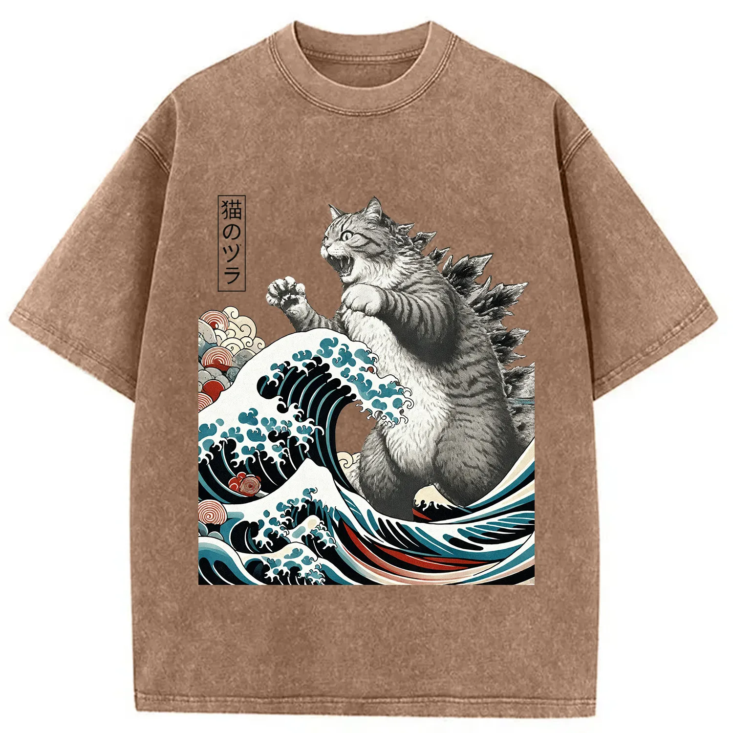 Modecanvas Cat Ukiyoe Great Wave Vintage Japanese Design Washed T-Shirt-modecanvas