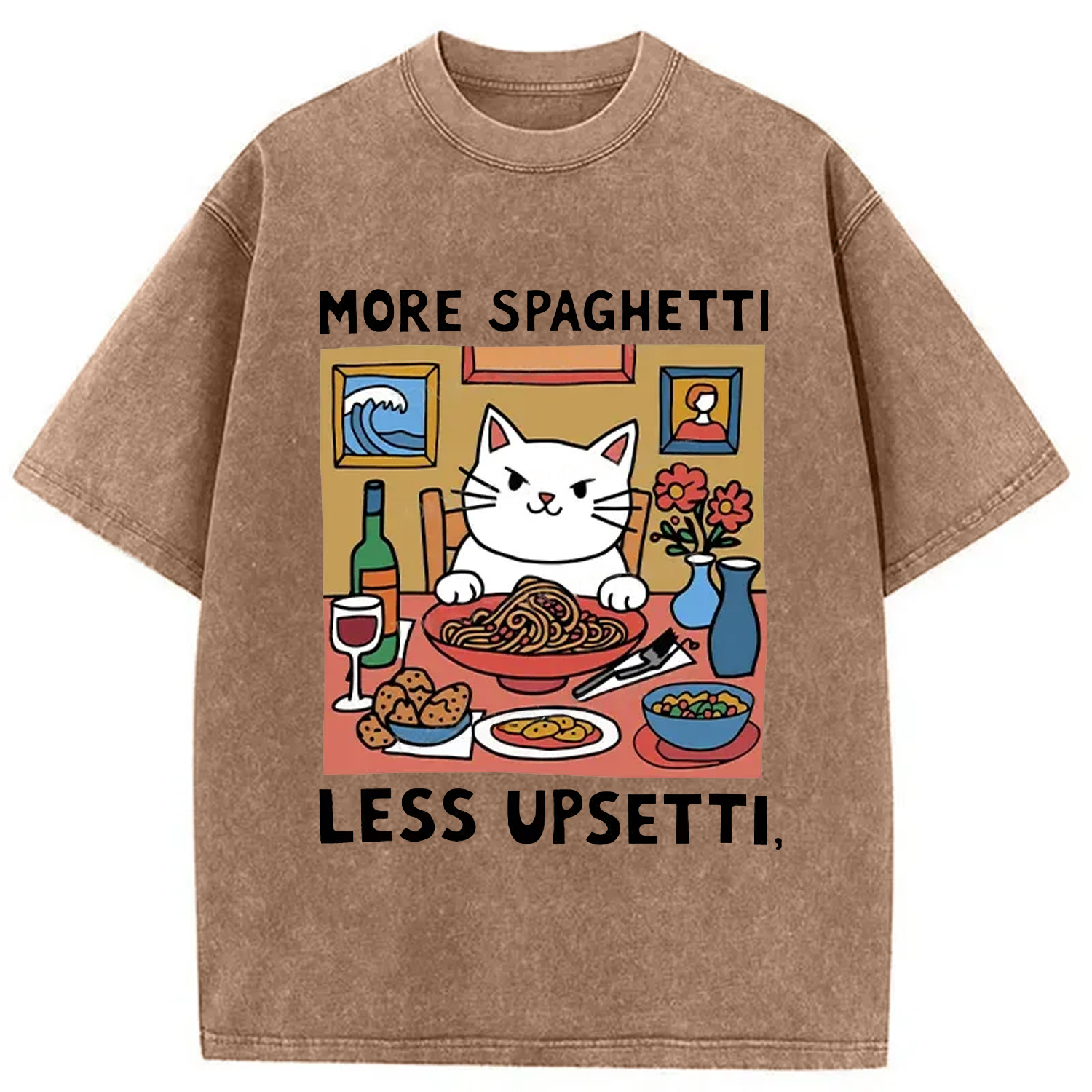 Modecanvas Cat Eating Spaghetti Washed T-Shirt