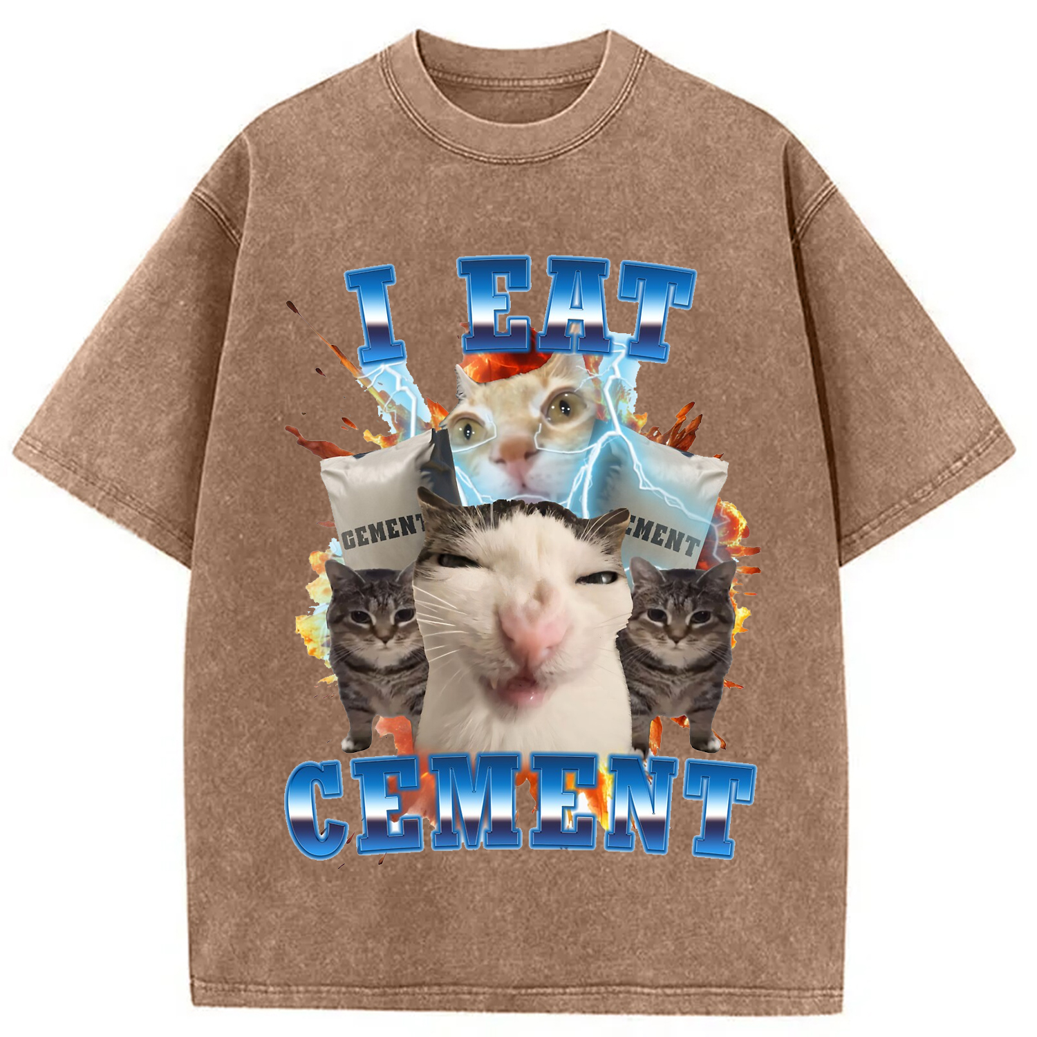 Modecanvas I Eat Cement Funny Cat Meme Washed T-Shirt-modecanvas