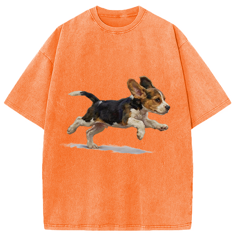 Modecanvas Funny Cute Running Beagle Puppy DTG Printing Washed T-Shirt